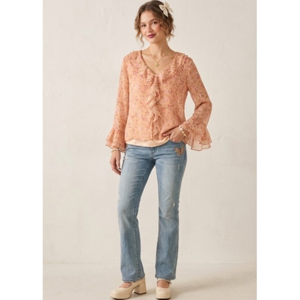 Edward Vintage Y2K Silk Ruffle‎ Romantic Cottagecore Fairycore Top Size Medium